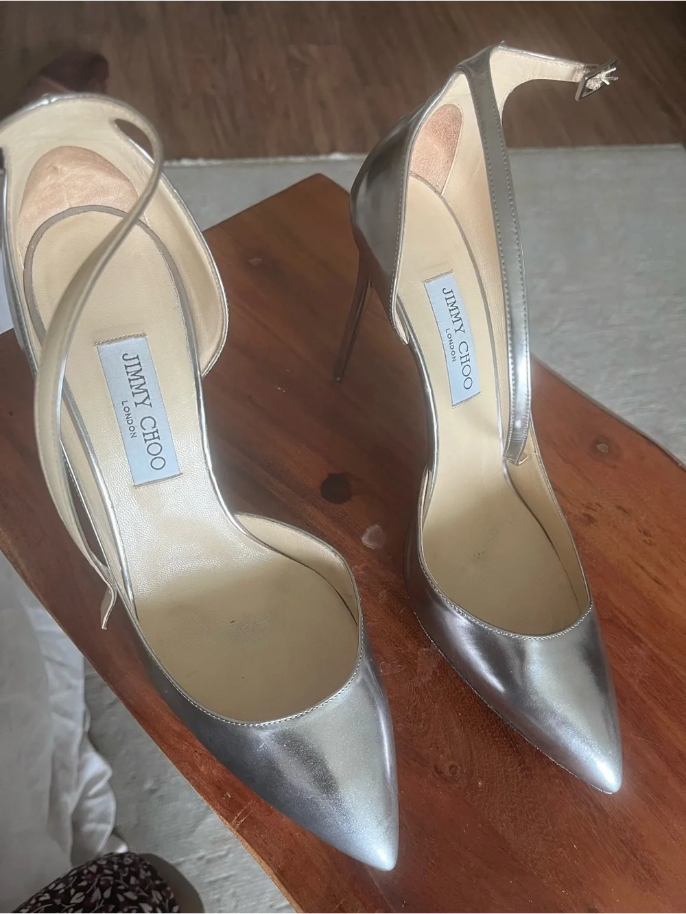 Jimmy Choo Metallic Silver Pointed-Toe Stiletto with Ankle Strap